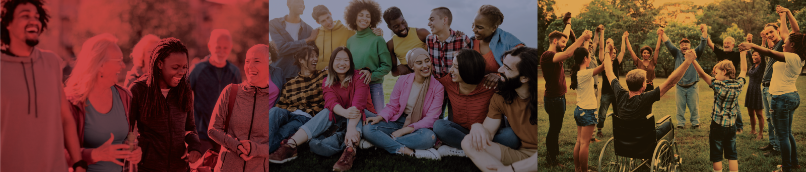 Three photos each depicting a group of people smiling.