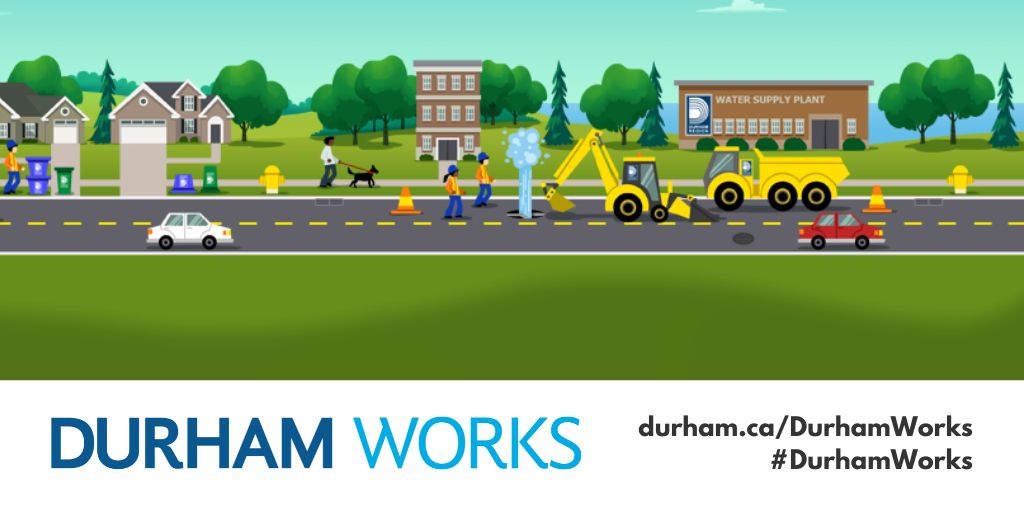 Image of a road lined with houses, buildings, blue boxes, compost bins and people; with vehicles, a cyclist, construction activity and people on the road. Text at the bottom of the image reads, Durham Works, durham.ca/NPWW, #DurhamWorks.