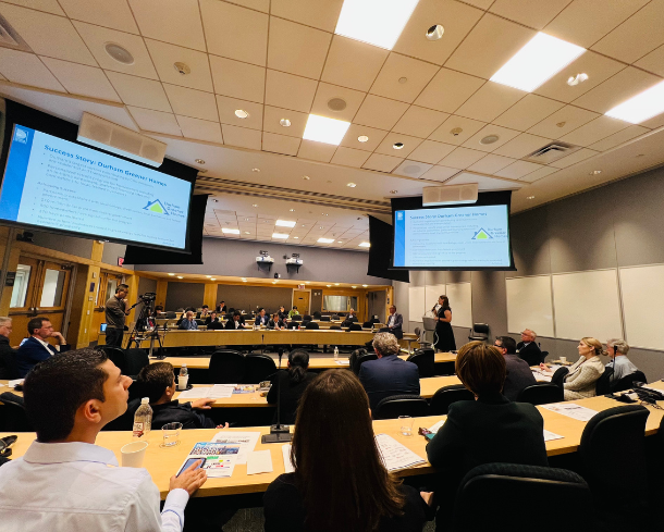 Director of Communications and Engagement, Alison Burgess, highlights Durham Region's successes through partnerships during a presentation at the Intelligent Community Forum.