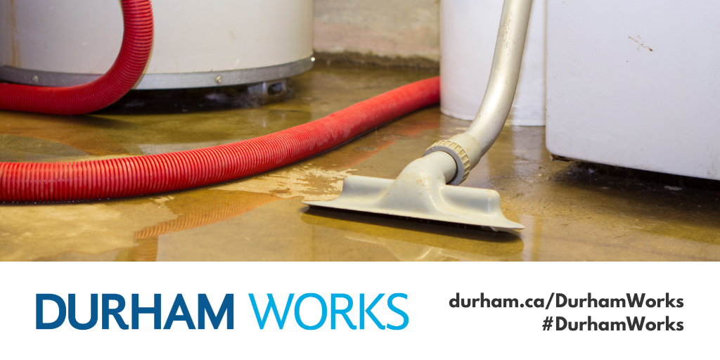 A Durham Works blog graphic with a photo of a flooded basement, a Durham Works logo, durham.ca/Works #DurhamWorks 