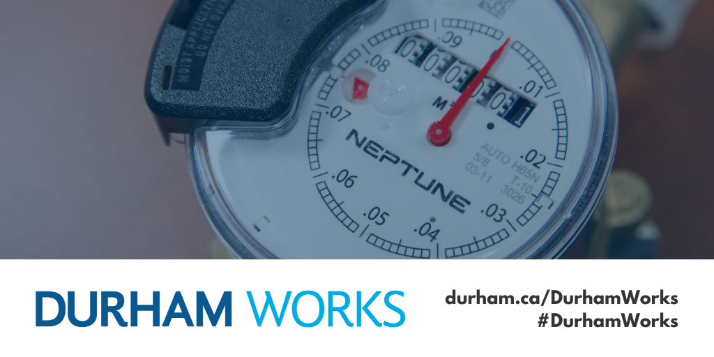 A photo of a water meter with a dark blue filter over it as well as a banner with the Durham Works logo and text reading durham.ca/DurhamWorks #DurhamWorks