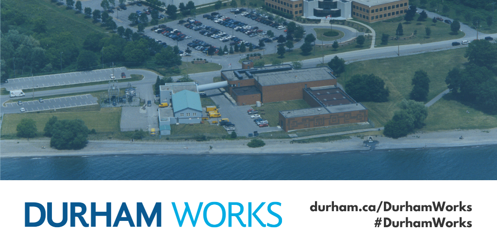 A Durham Works blog graphic with a photo of the Whitby waterfront with a light blue filter as well as the Durham Works logo and text reading #DurhamWorks durham.ca/DurhamWorks
