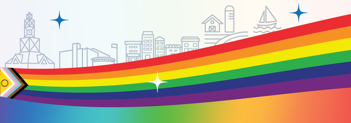 The Intersex-Inclusive Progress Pride flag forming a rainbow. Line art images represent Durham Region - downtown buildings, the waterfront, agriculture