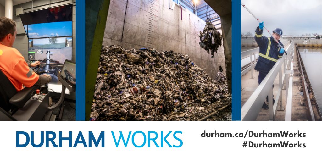 A photo of various public works staff and elements with text that reads “Durham Works durham.ca/DurhamWorks #DurhamWorks”.