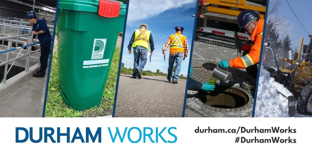A photo of various public works staff and elements with text that reads “Durham Works durham.ca/DurhamWorks #DurhamWorks”.