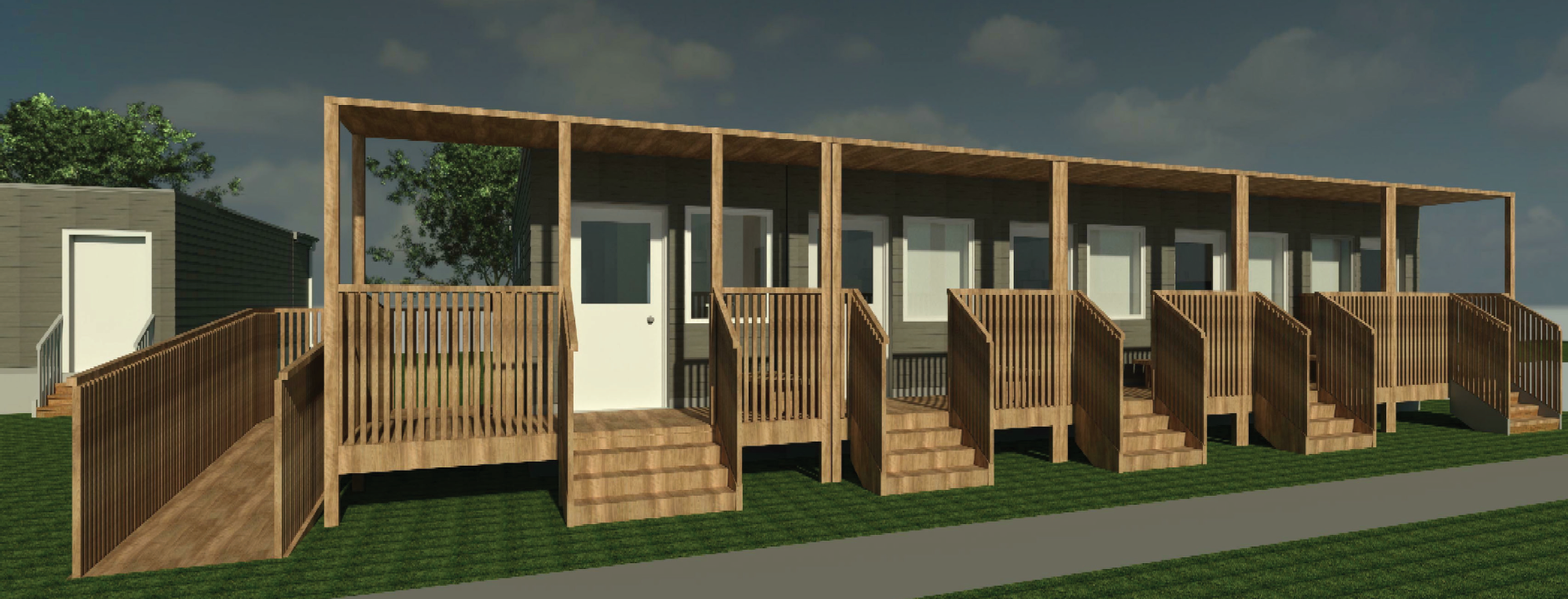 Conceptual drawing of the outside of the micro-homes (attached homes with porches)