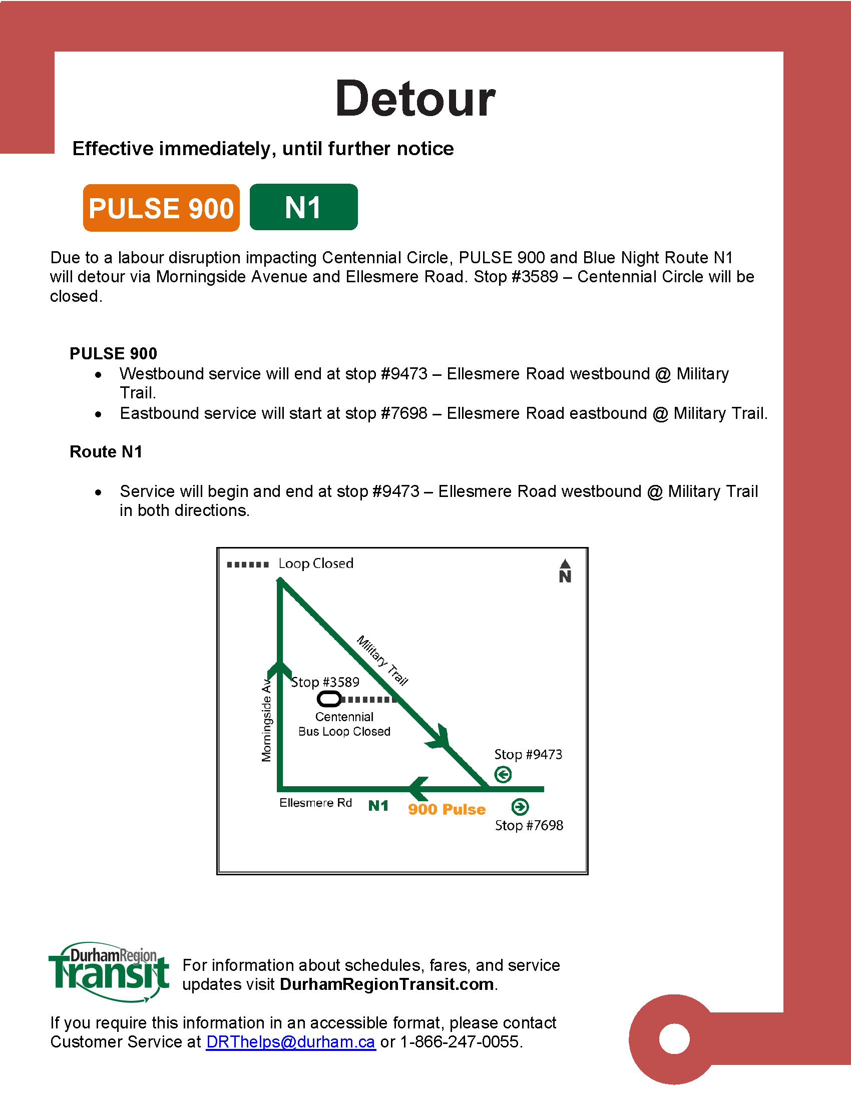 detour alert for pulse 900 and N1 at Cenenntial Circle