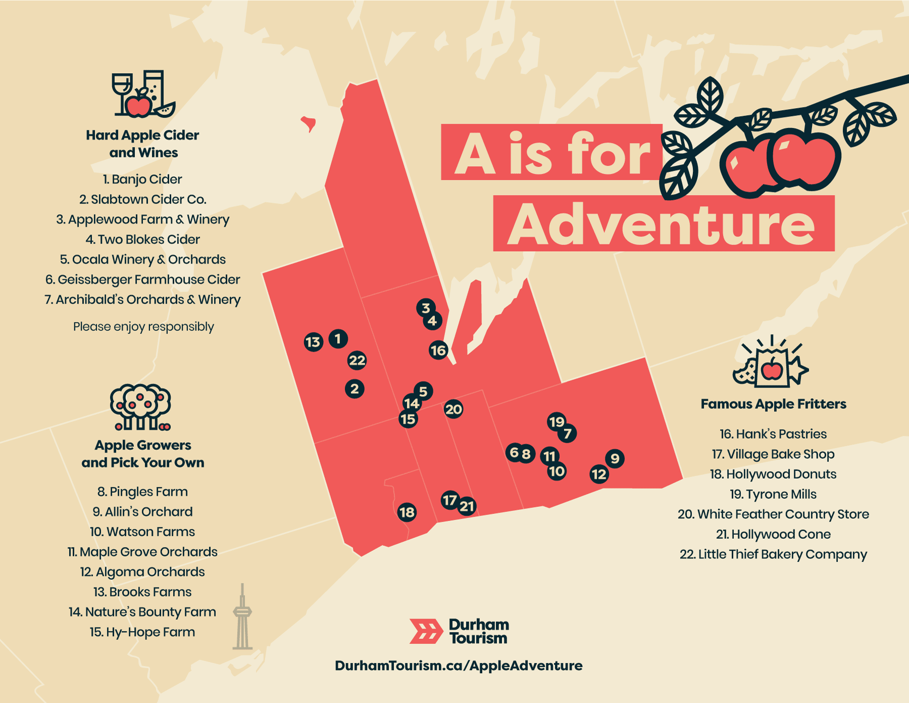 A map featuring locations throughout the Region's various apple experiences including hard cider, pick your own and famous fritters.