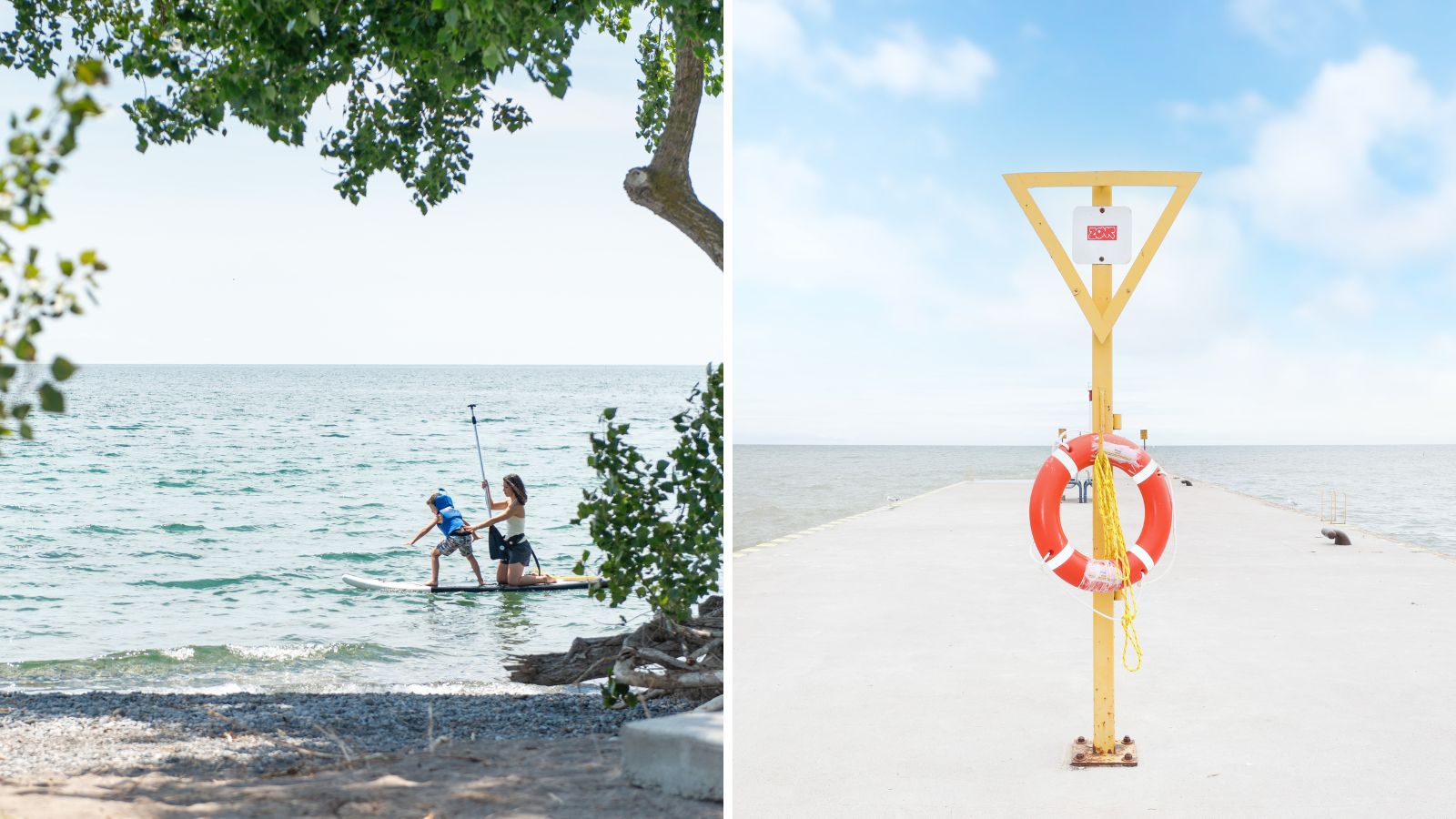 Collage of images including two people paddleboarding on a lake with a beach in the foreground and an image of a life ring hanging on a pier