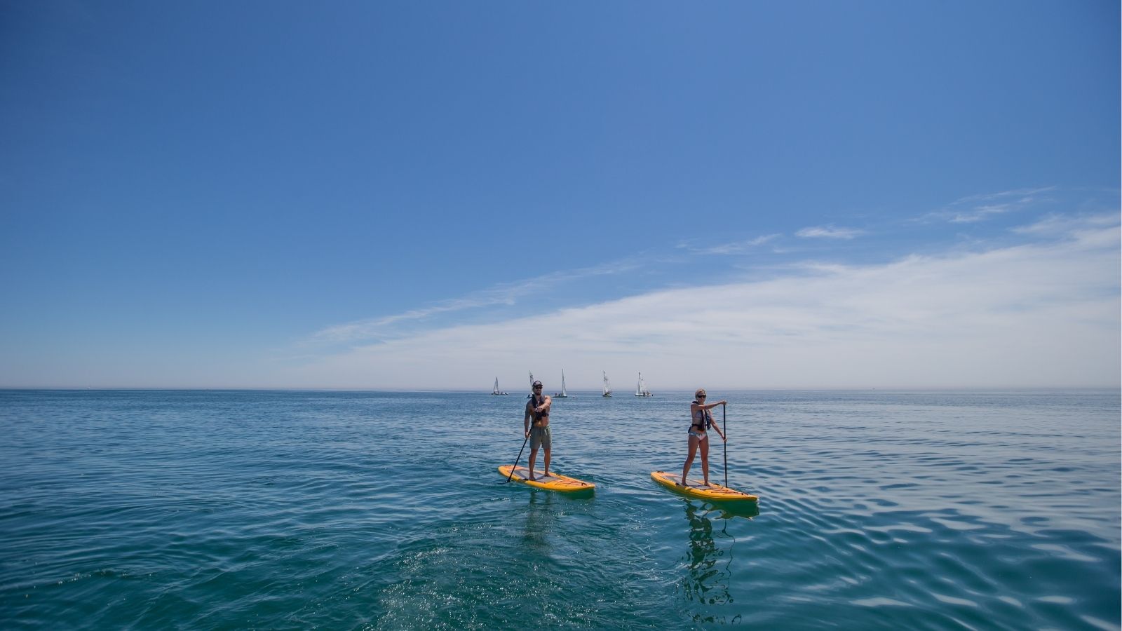 Image of two people paddle boarding on a still lake with a clear, blue sky behind them