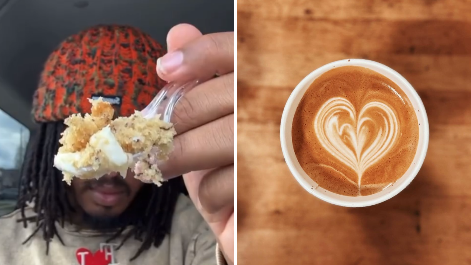 Collage of images including a man holding up a fork with cake on it and a coffee with a heart design