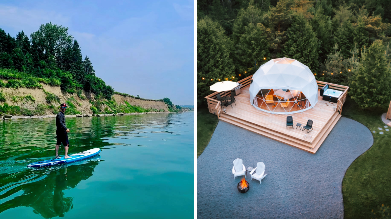 Collage of people camping at Darlington Provincial Park in Clarington and Birchwood Luxury Camping in Scugog, Ontario