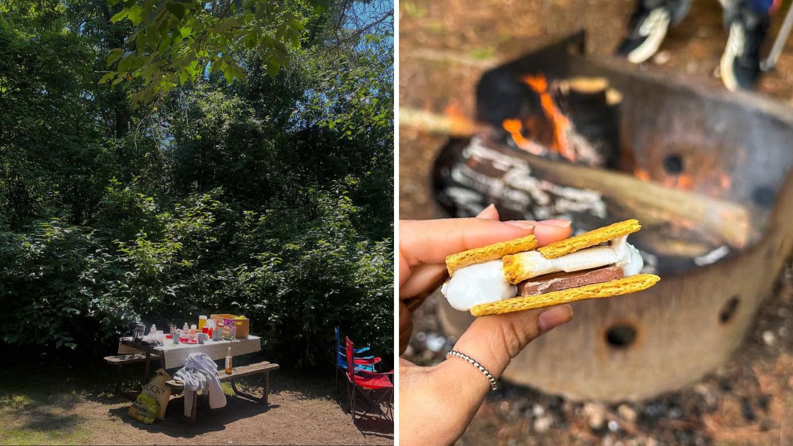 Darlington Provincial Park in Clarington, Ontario Collage of picnic and campfire smores at Darlington Provincial Park in Clarington, Ontario