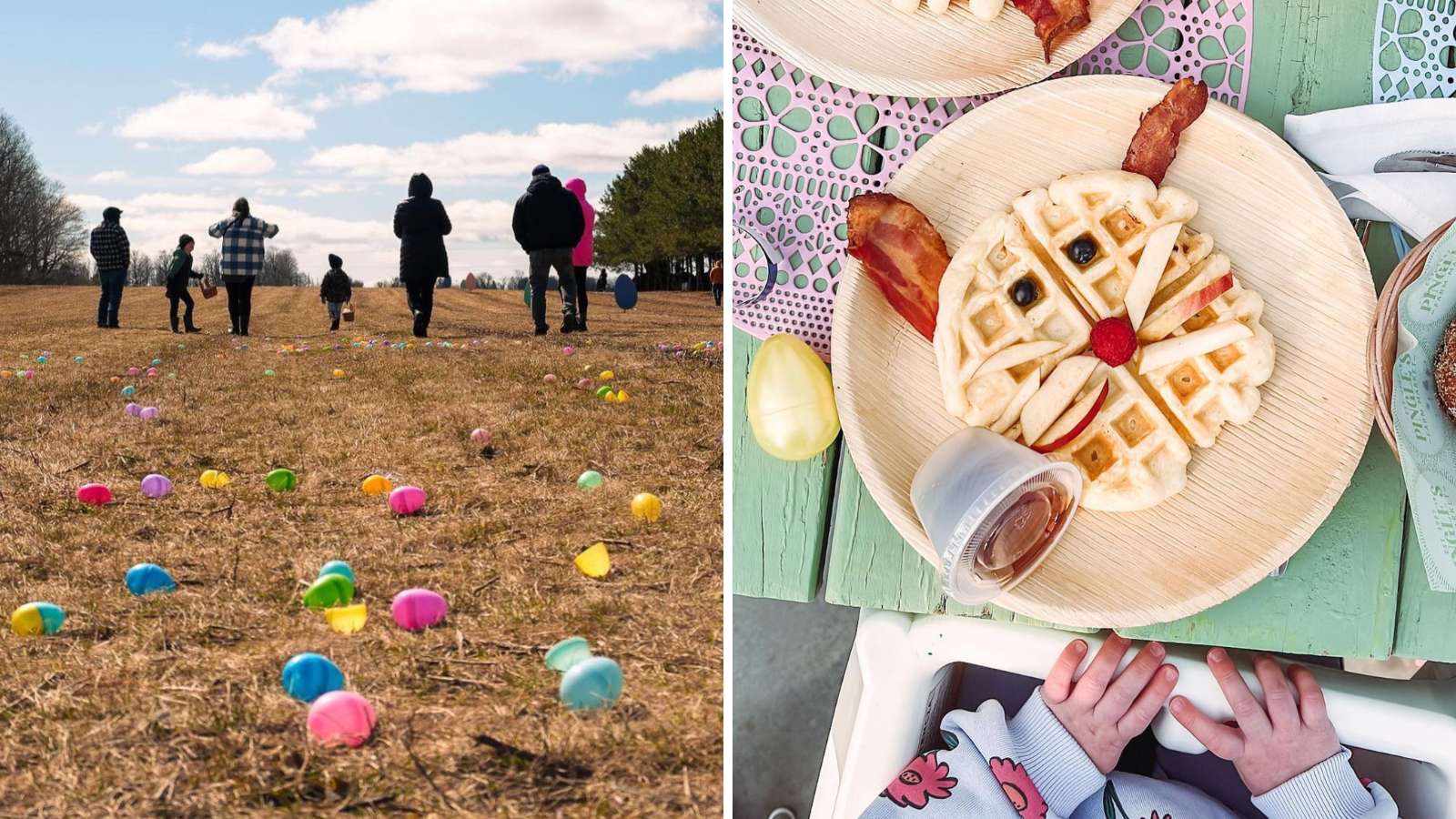 Collage including a photo of an Easter egg hunt and a photo of a waffle garnished to look like a rabbit