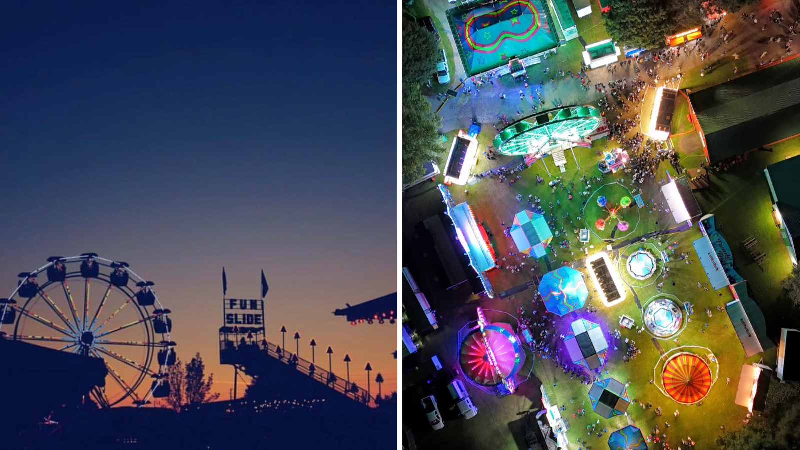 Collage of a ferris wheel and aerial drone shot of carnival games at a fall fair in Durham Region, Ontario, Canada.