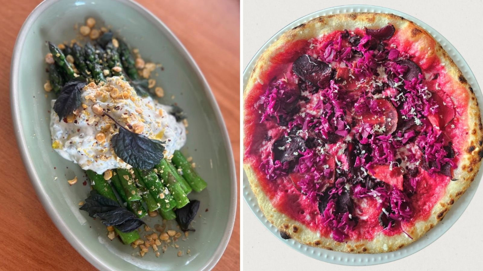 Collage of images including a plate of asparagus spears topped with soft cheese and nuts and an image of a vegan beet pizza