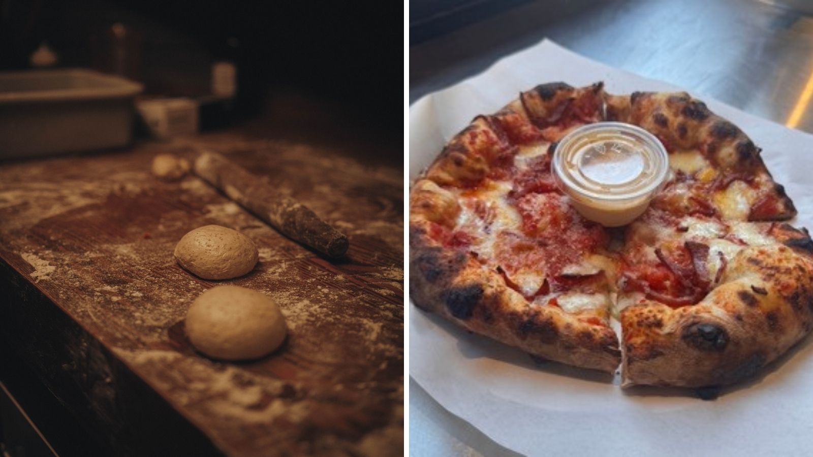 Collage of images including a chef kneading pizza dough and an image of a wood-fired pizza
