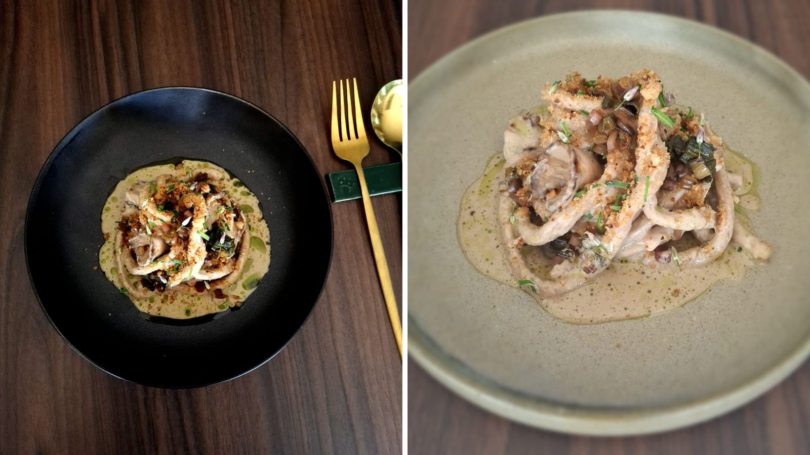 Collage of images including a pasta dish with gold cutlery beside the plate and a second image of a pasta dish piled high and garnished