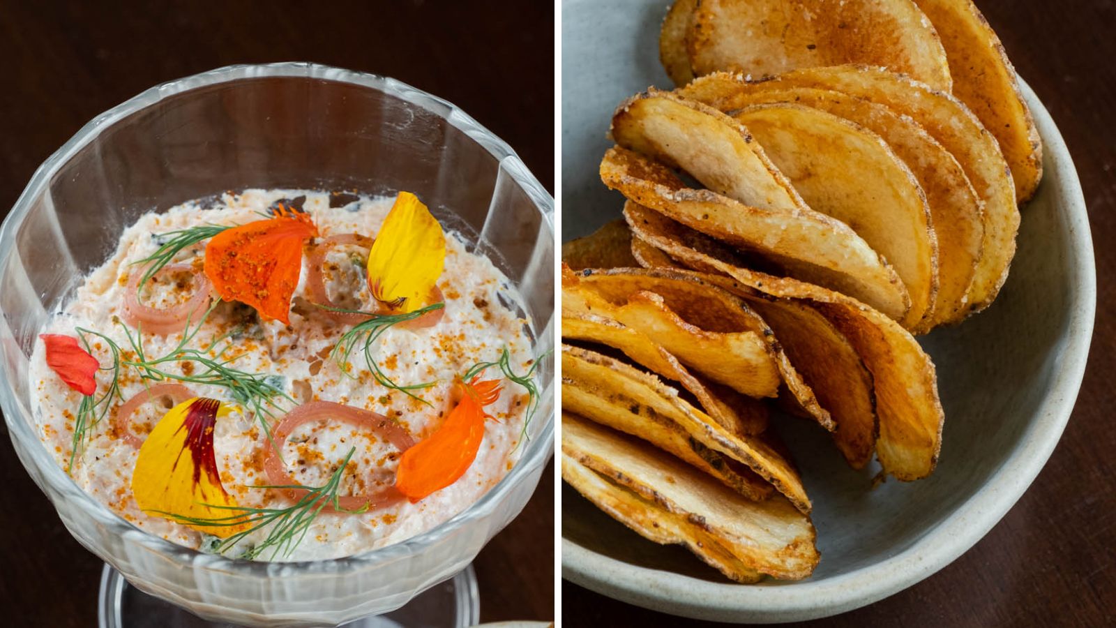 Collage of images including a smoked trout dip garnished with flower petals and pickled onions and an image of the chips seasoned with Old Bay served on the side