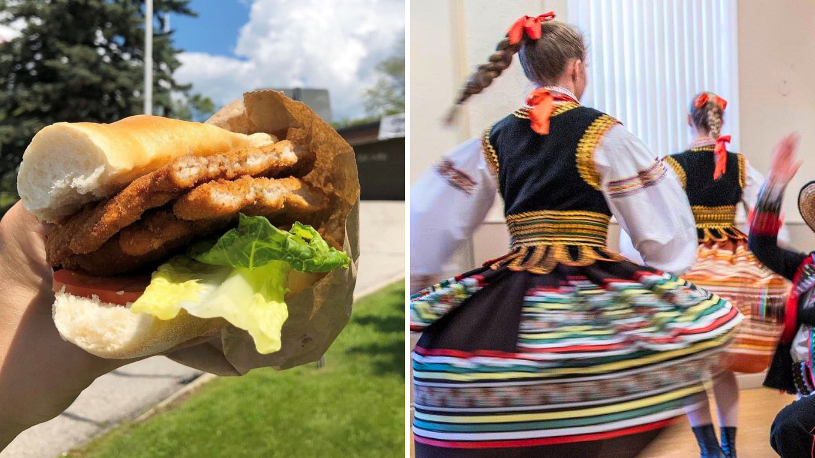 Collage of images including a person holding a sandwich and traditional dancers spinning