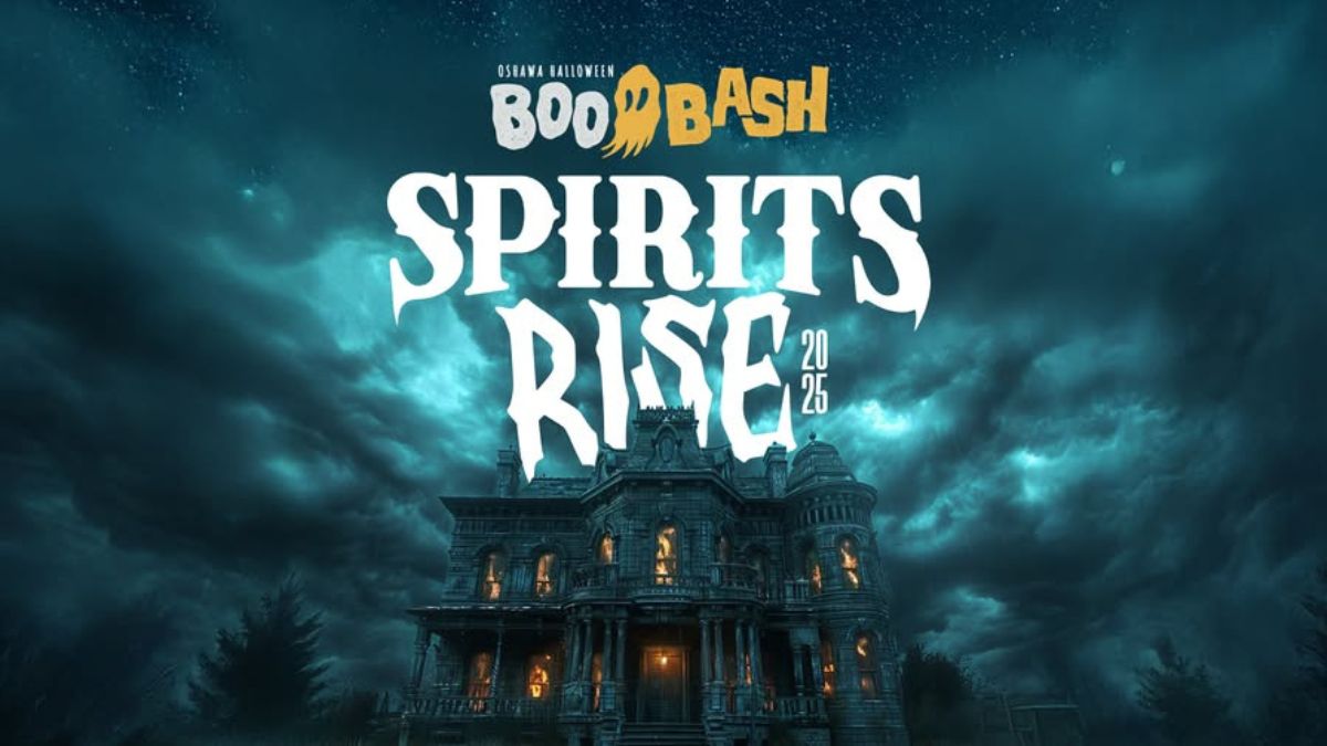 Graphic of a haunted house with text that reads, "Oshawa Halloween Boo Bash Spirits Rise 2025"
