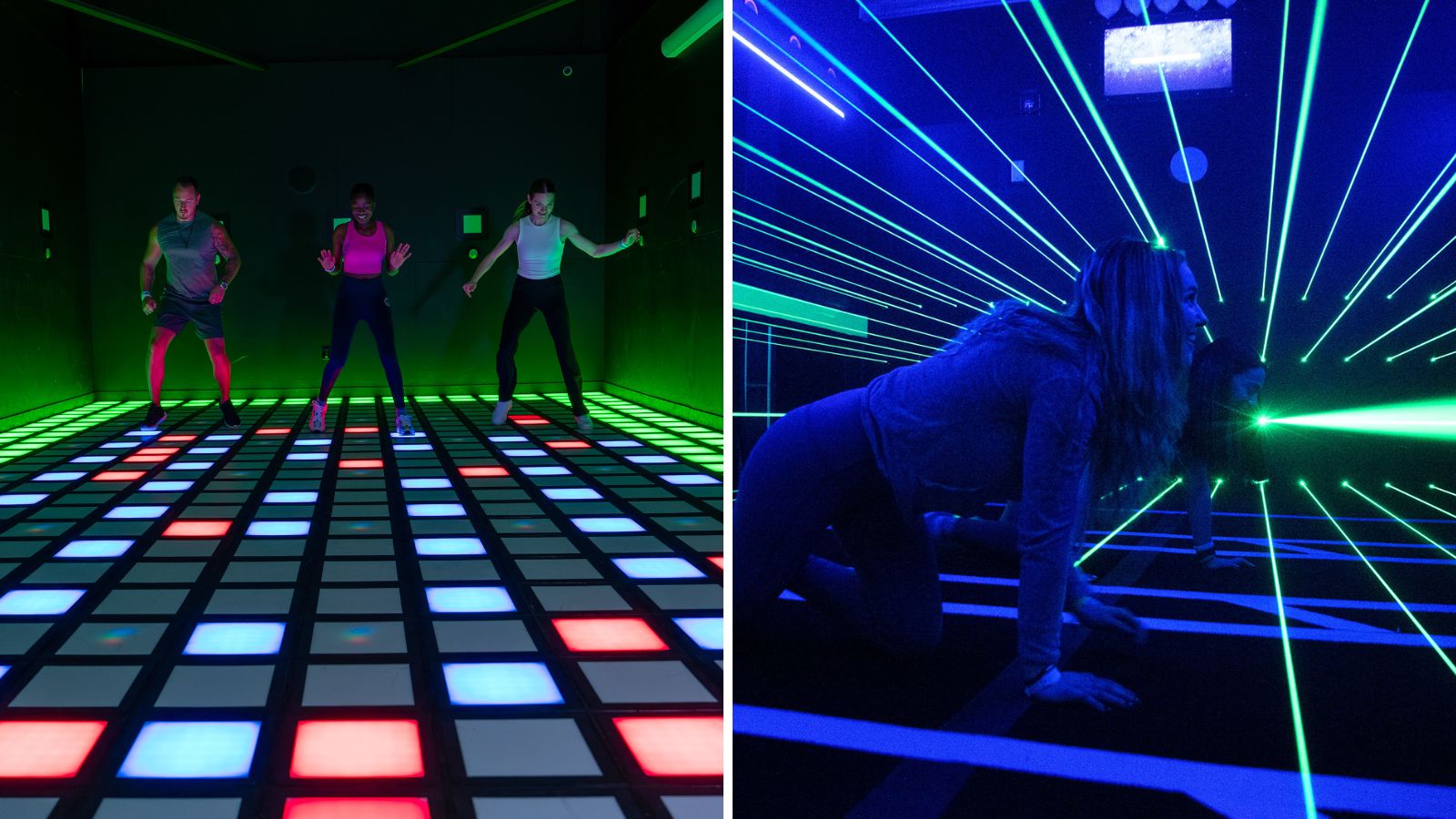 Collage of images taken at an indoor active gaming facility. The first image shows three gamers jumping onto lit up squares on the floor and the second shows two young adults crawling over laser beams.