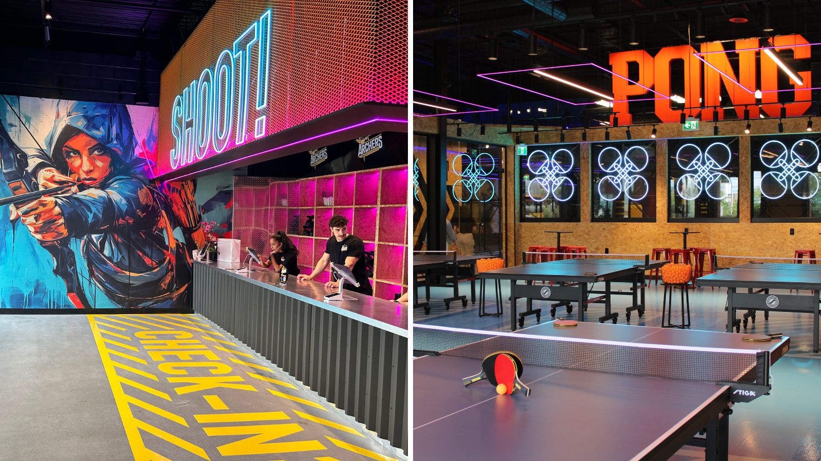 Collage of images showing the interior of an indoor archery and ping pong attraction. The first image shows the check in counter and the second shows the a large room full of ping pong tables.