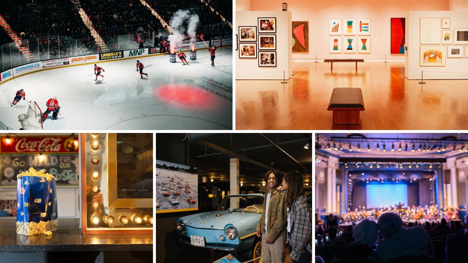 Collage of images including an Oshawa Generals hockey game, the interior of the Robert McLaughlin Gallery, a bag of popcorn sitting beside a marquee sign at Roxy Theatre, two young adults at the Canadian Automotive Museum, two people watching an orchestra performance at Regent Theatre