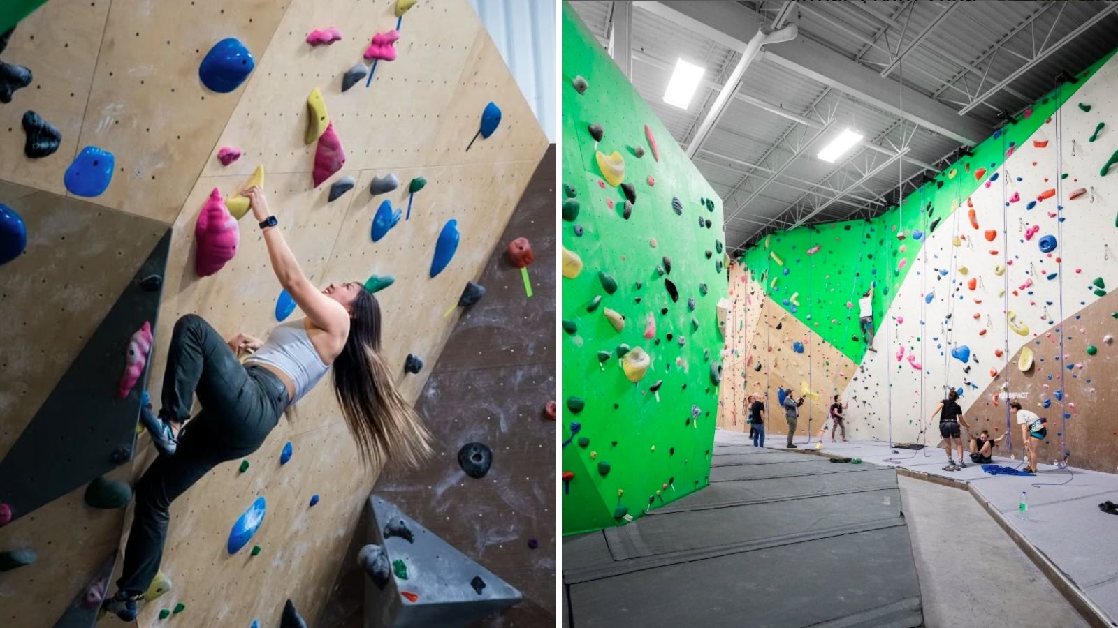 Collage of images including a person climbing up an indoor rock climbing wall and an image of an indoor rock climbing gym with several people getting ready to climb