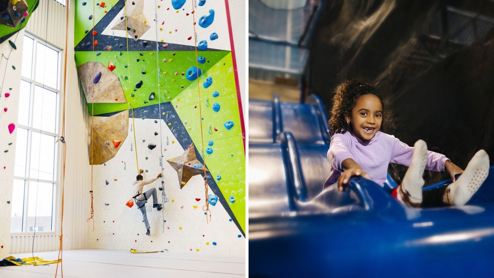 Collage of images including a person climbing up a rock climbing wall and a child smiling going down a slide at an indoor playground