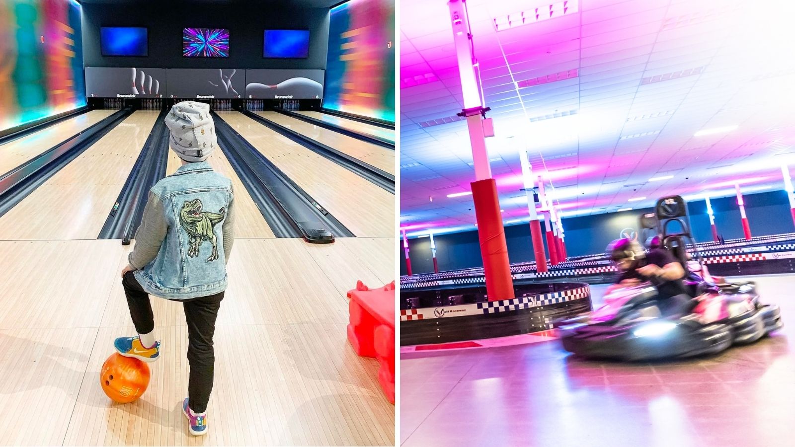 Collage of images including a child at a bowling alley posed with their foot propped up on a bowling bowl and an image of go carts coming around the bend at an indoor go cart track