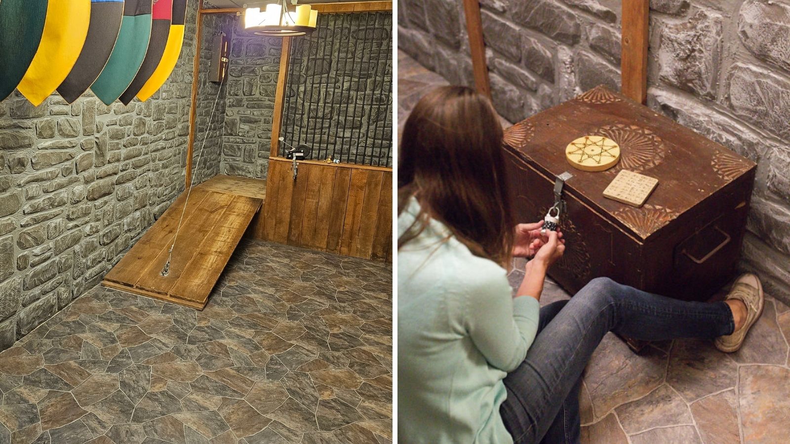Collage of images including a medieval castle themed escape room and a person sitting on the ground attempting to open a lock on a trunk