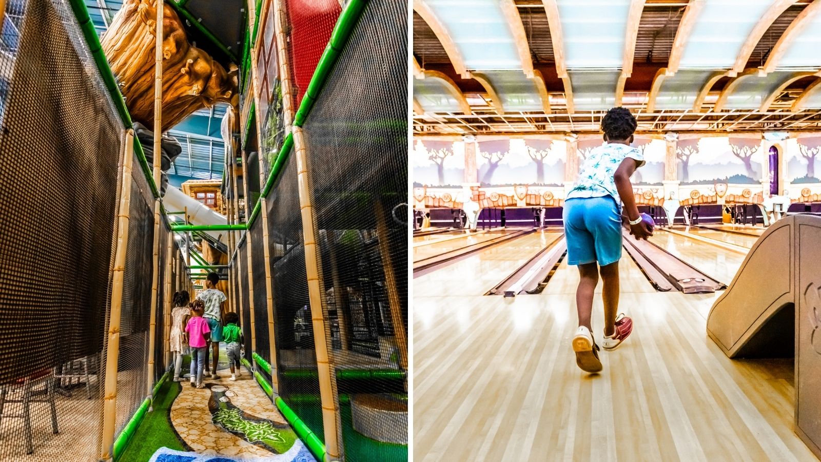 Collage of images including a group of children walking through a massive indoor playground and a child mid-throw at a bowling alley