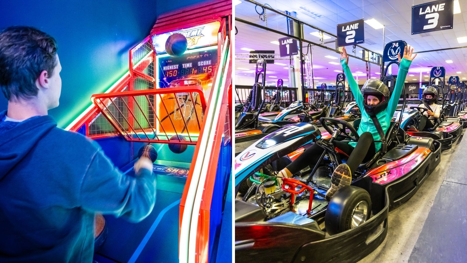 Collage of images including a young adult shooting in a basketball arcade game and an image of a young adult sitting in a go cart at an indoor track with their arms in the air in excitement