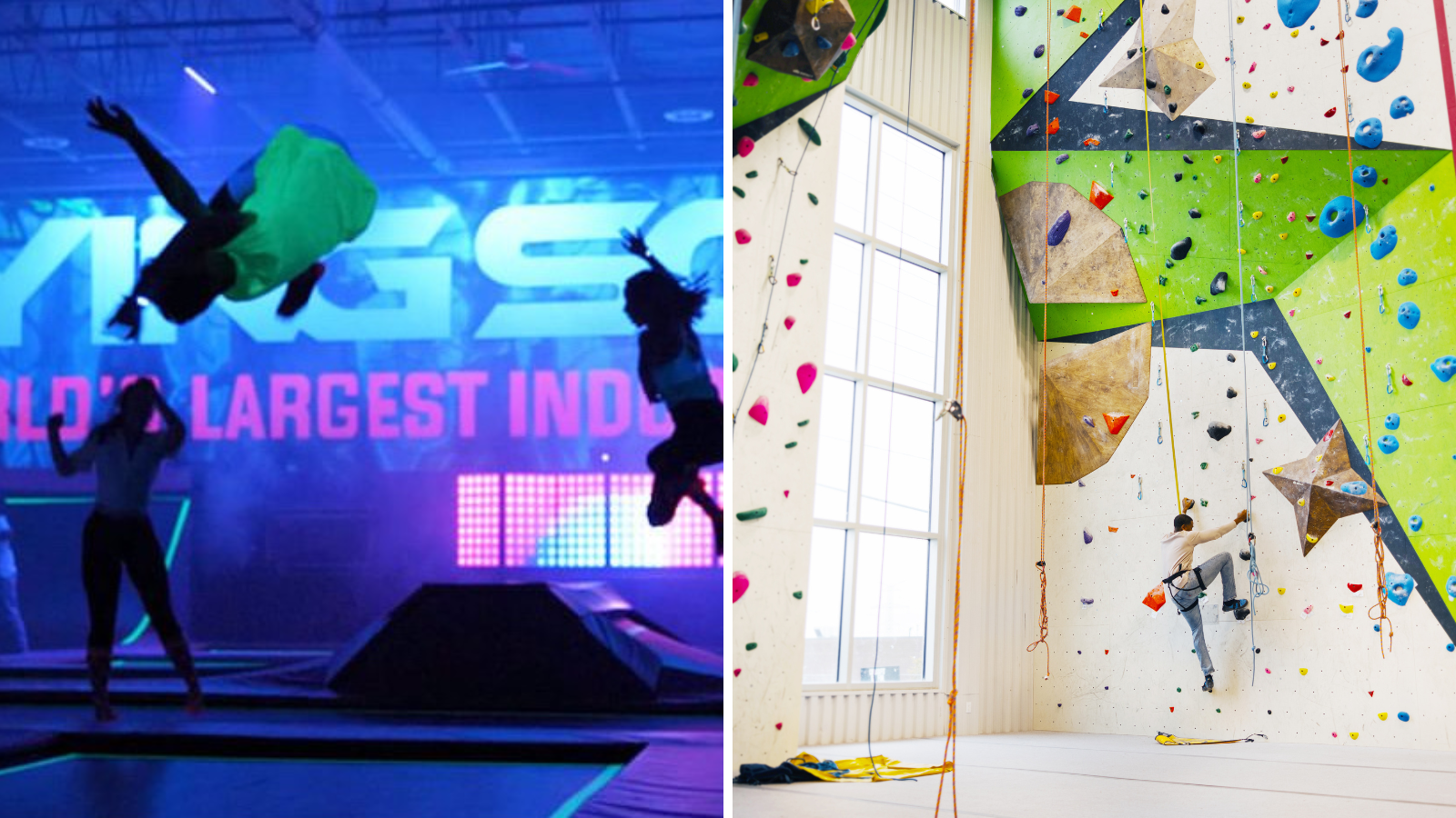 Collage of people jumping on a trampoline and a person climbing a colourful indoor rock climbing wall