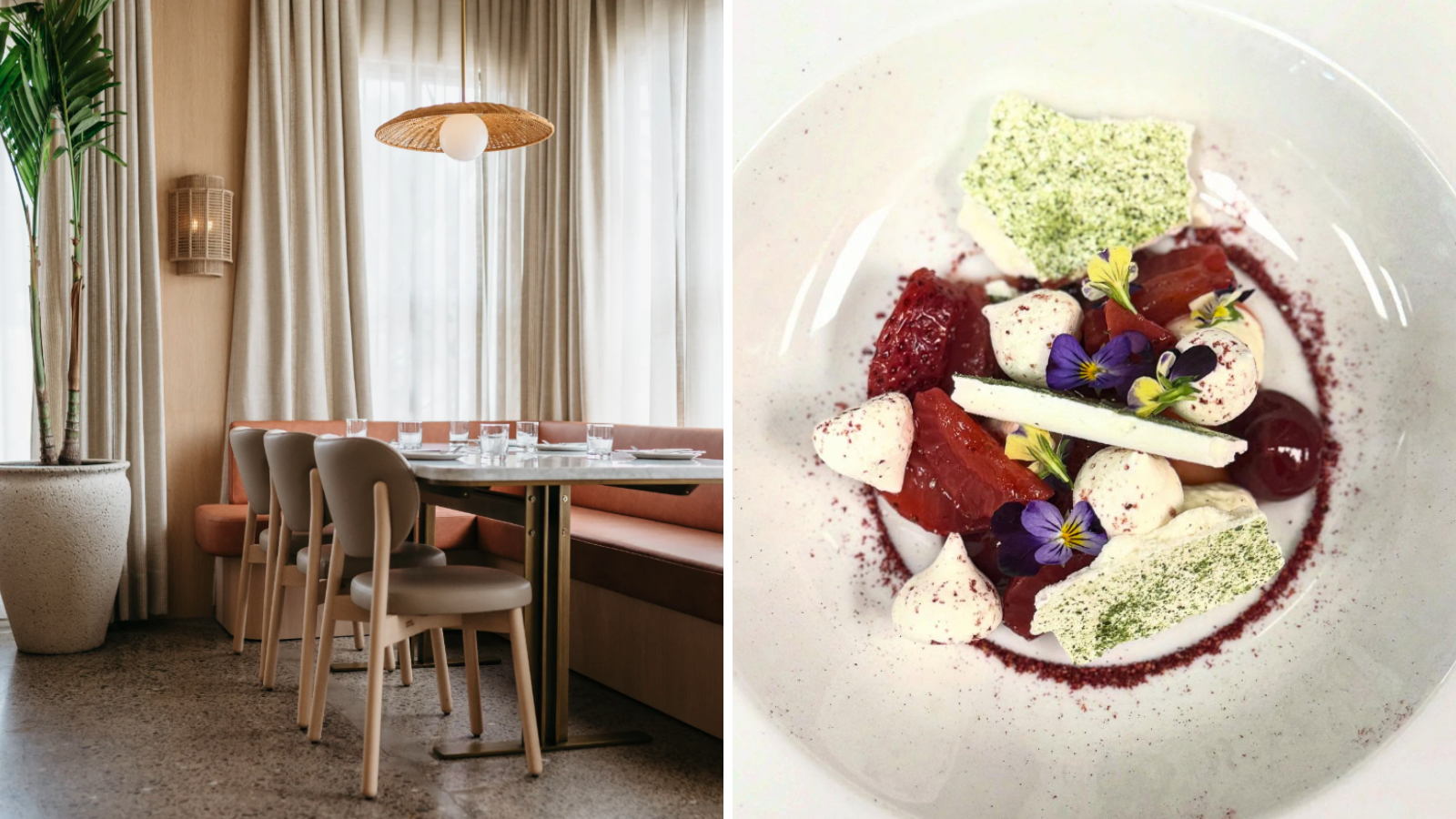 Collage of images from restaurants in Durham. On the left, an image of the interior of a sleek restaurant with a table set. On the right, an aerial image of a dessert dish garnished with edible flowers.