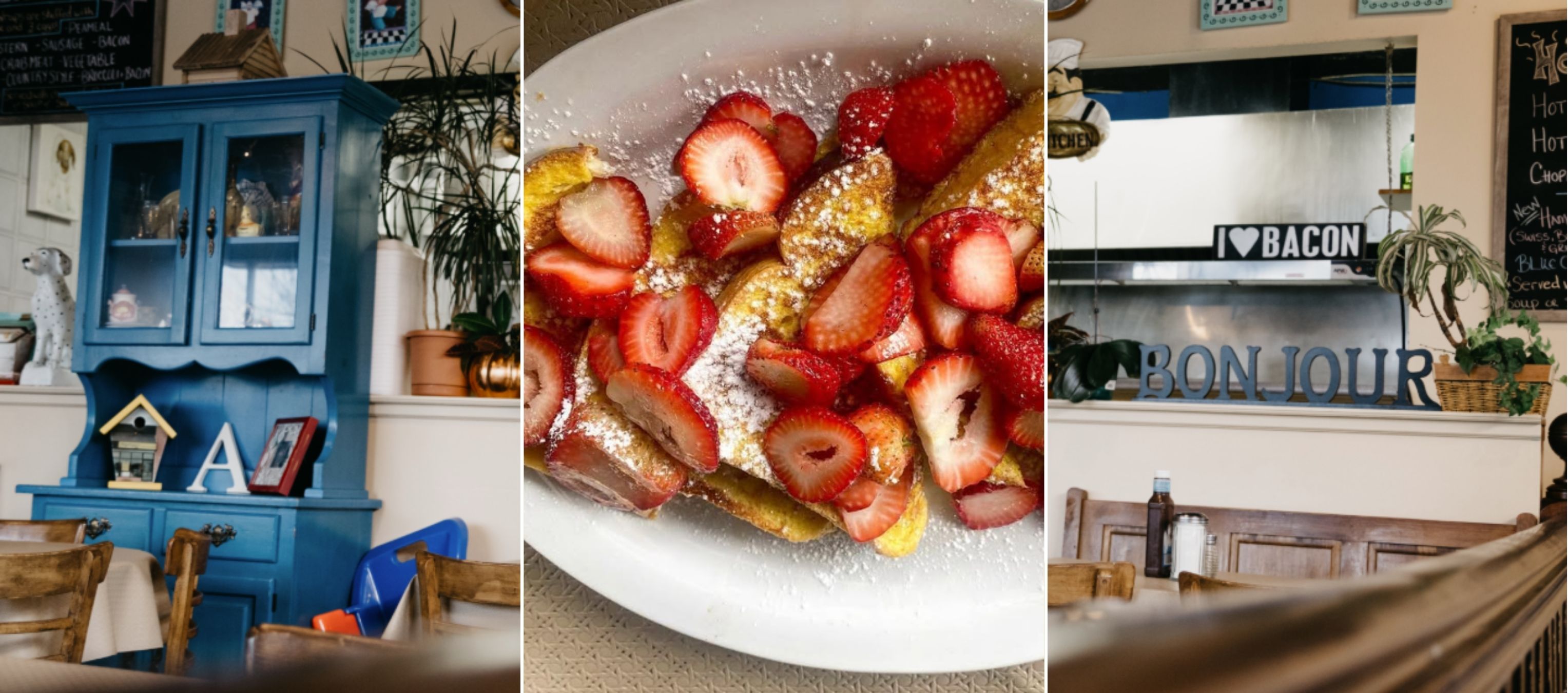 Collage of images including two photos capturing the interior of a cozy restaurant and the third is of a plate of pancakes topped with strawberries