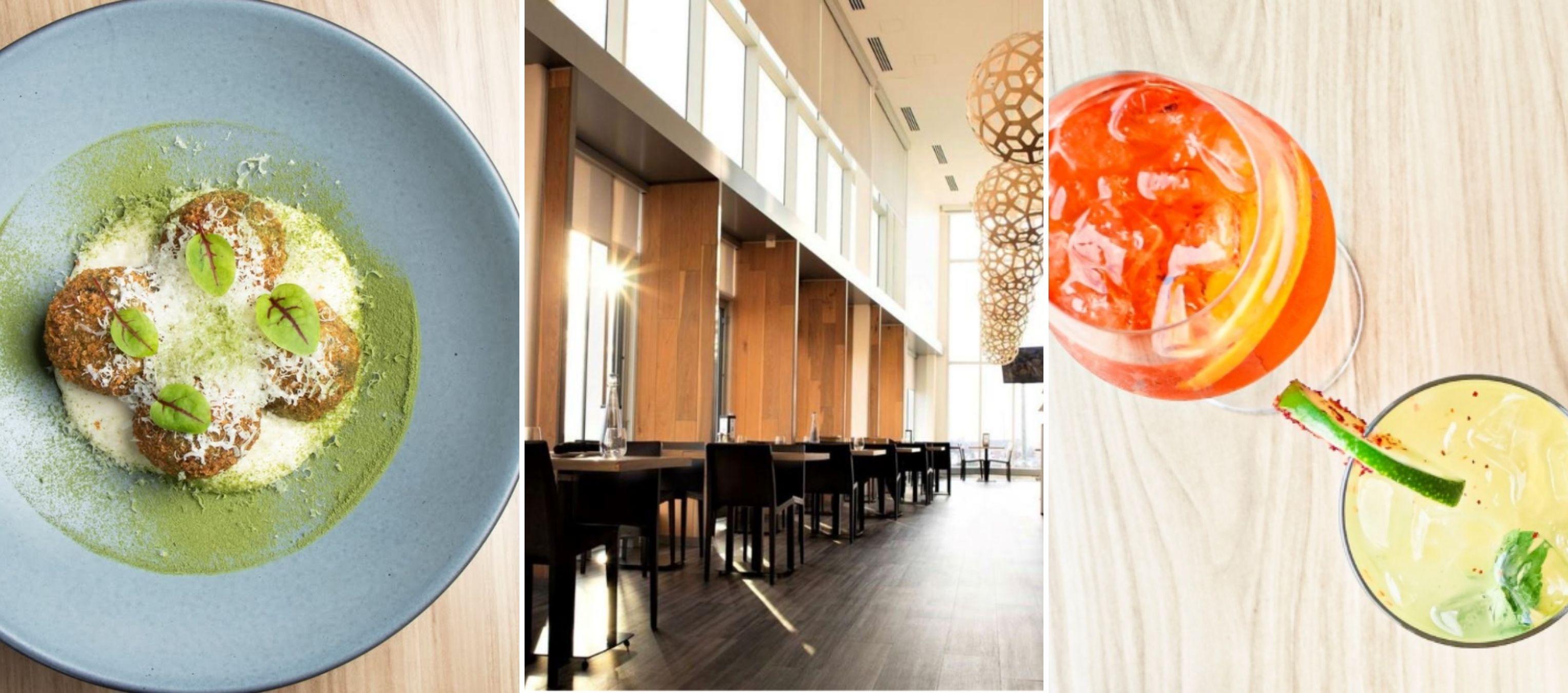 Collage of images including a beautifully constructed plate of food, an interior of a sunlit restaurant, and a table with two colourful cocktails on it