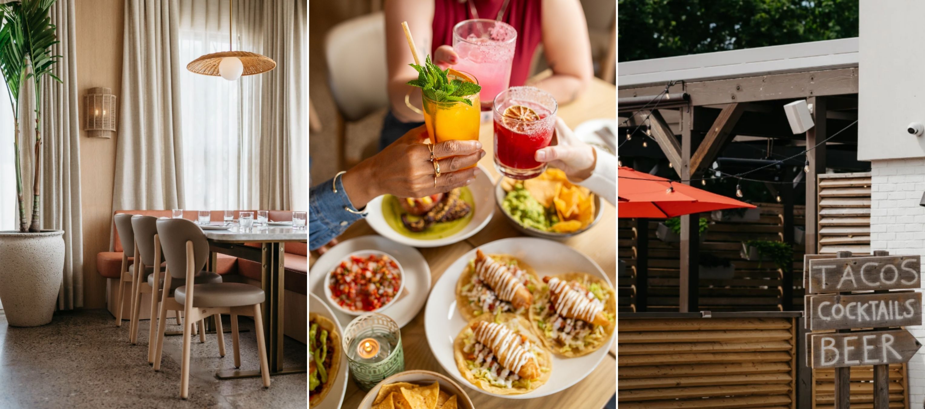 Collage of images including a beautifully designed restaurant, a table full of shareable plates of food, and a sign outside a restaurant directing patrons inside for tacos, beer, and cocktails