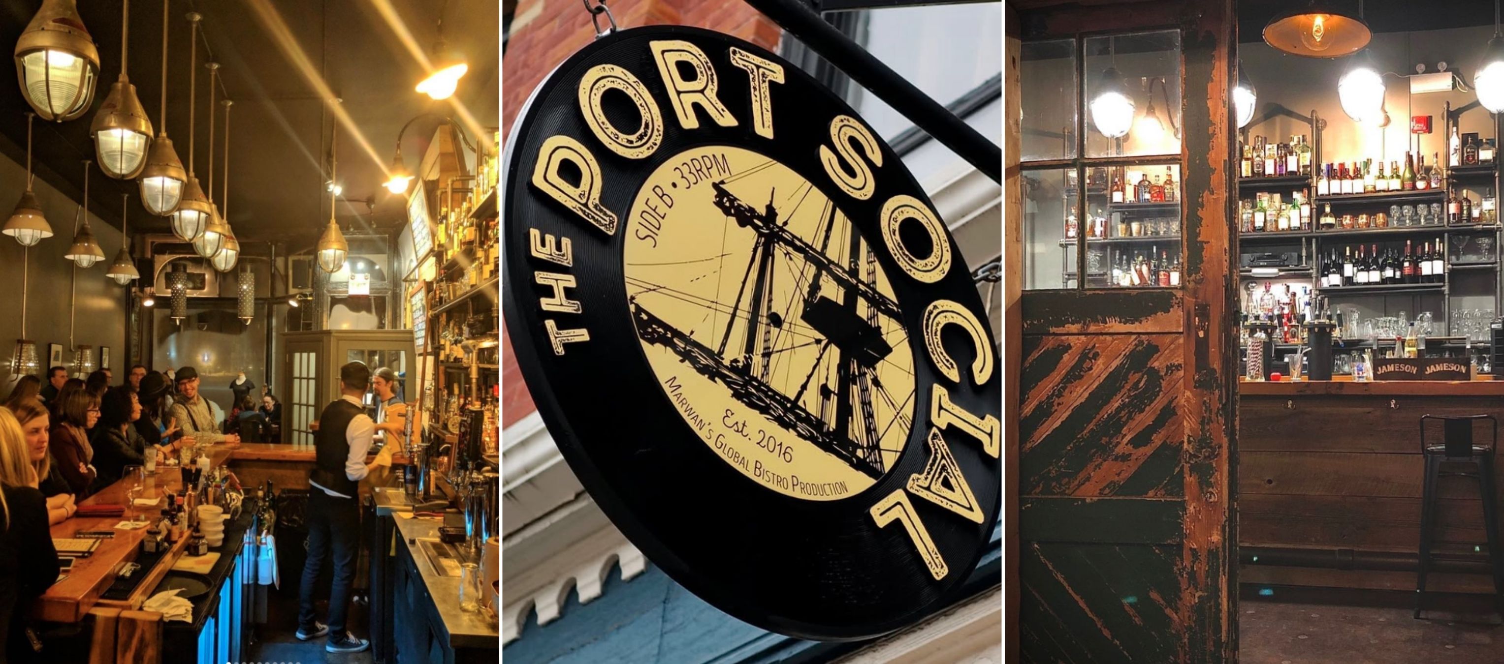 Collage of images including a photo of a dimmly lit, busy bar, an outdoor sign for The Port Social, and the interior of a rustic bar