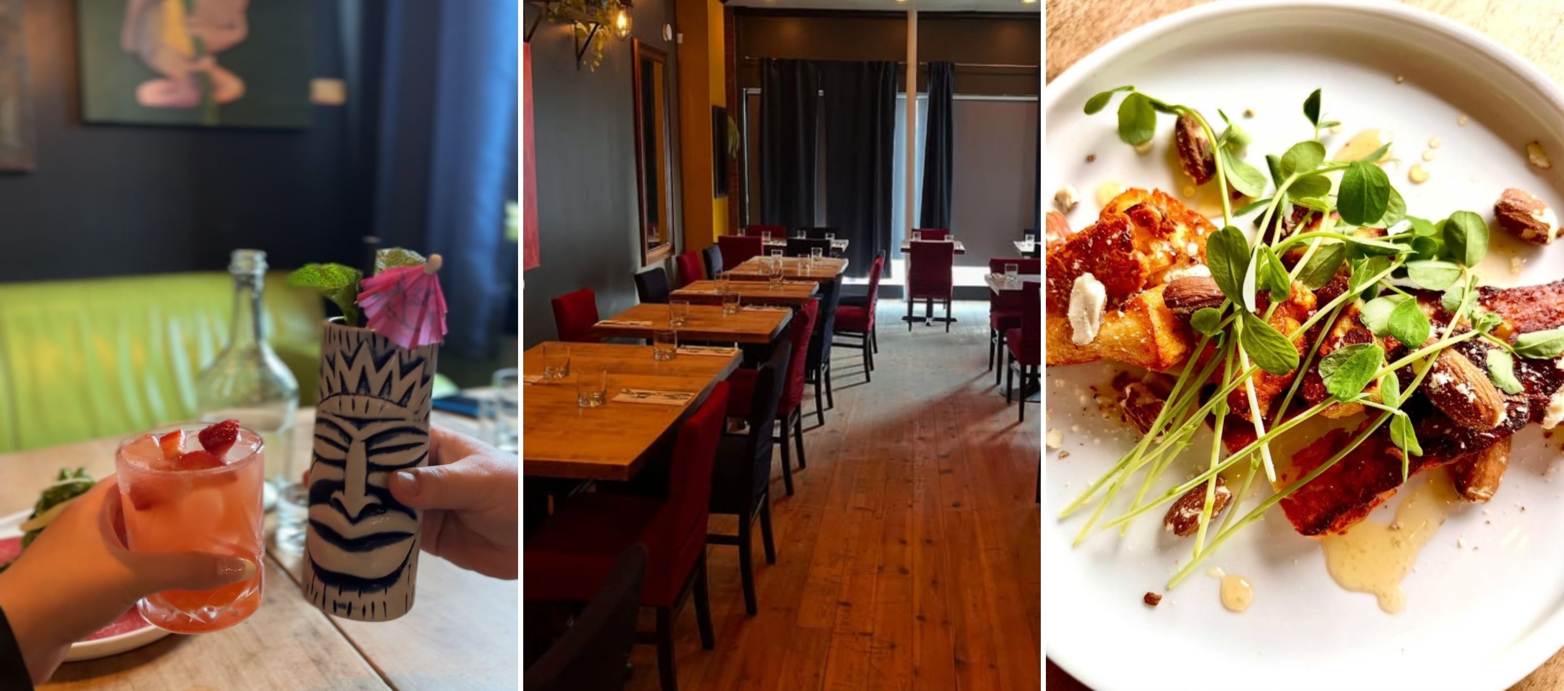 Collage of images including two people clinking cocktails together, the interior of a cozy, dimmly lit restaurant, and a plate of food with green herb garnishes