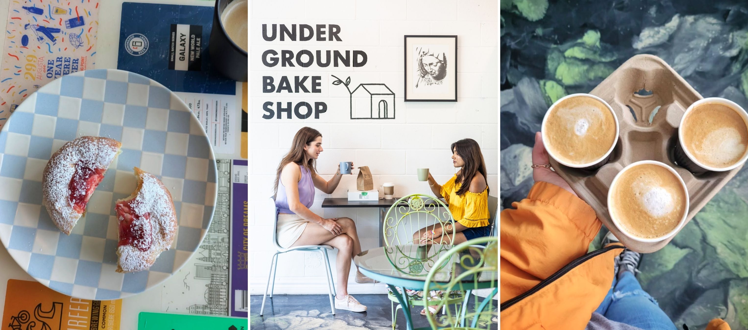 Colllage of images including a strawberry pastry cut in half on a pretty, blue plate, an image of two young adults sitting at a bistro table drinking coffee, and an image taken from above of a person holding three takeaway coffees above a floor mural