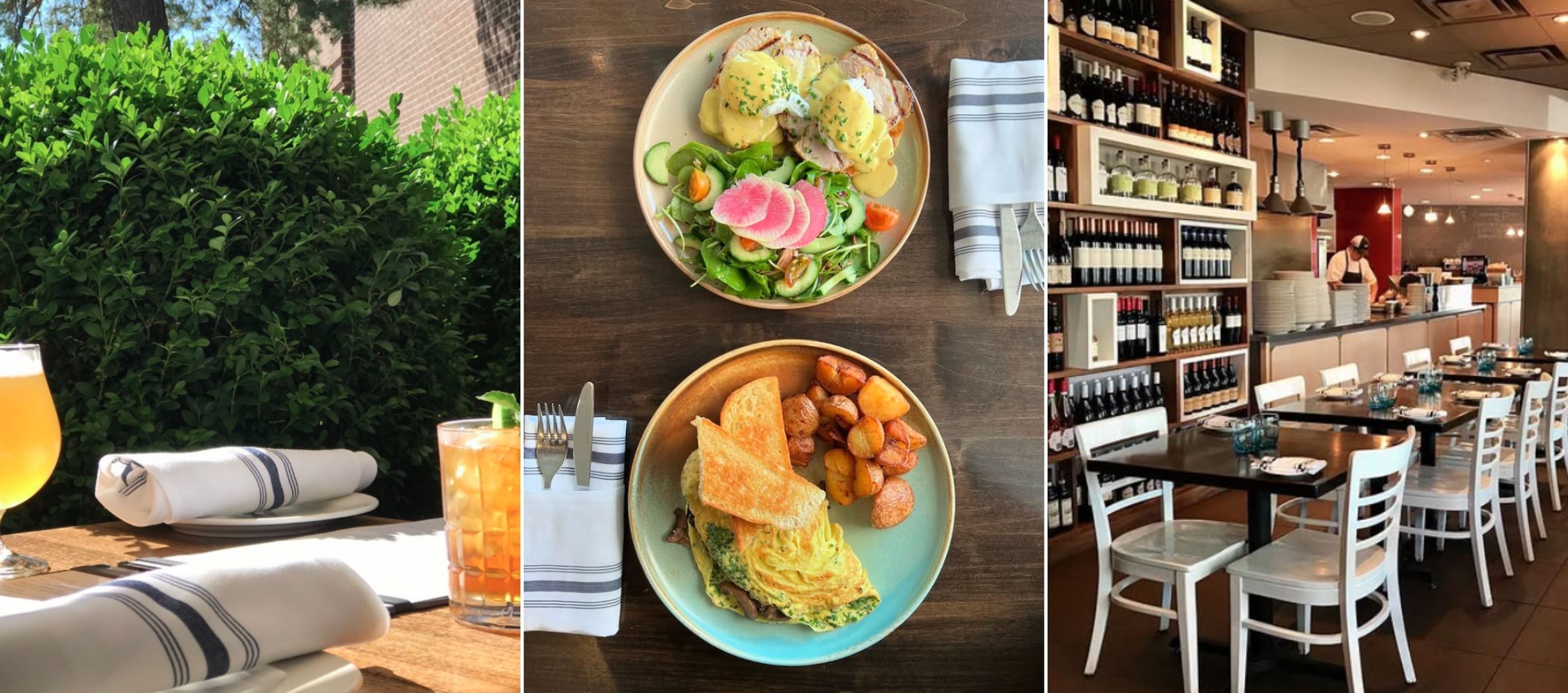 Collage of images including a patio table at a restaurant set with rolled up cutlery, an aerial shot of a table full of brunch dishes, and the interior of a restaurant with a view of their open kitchen