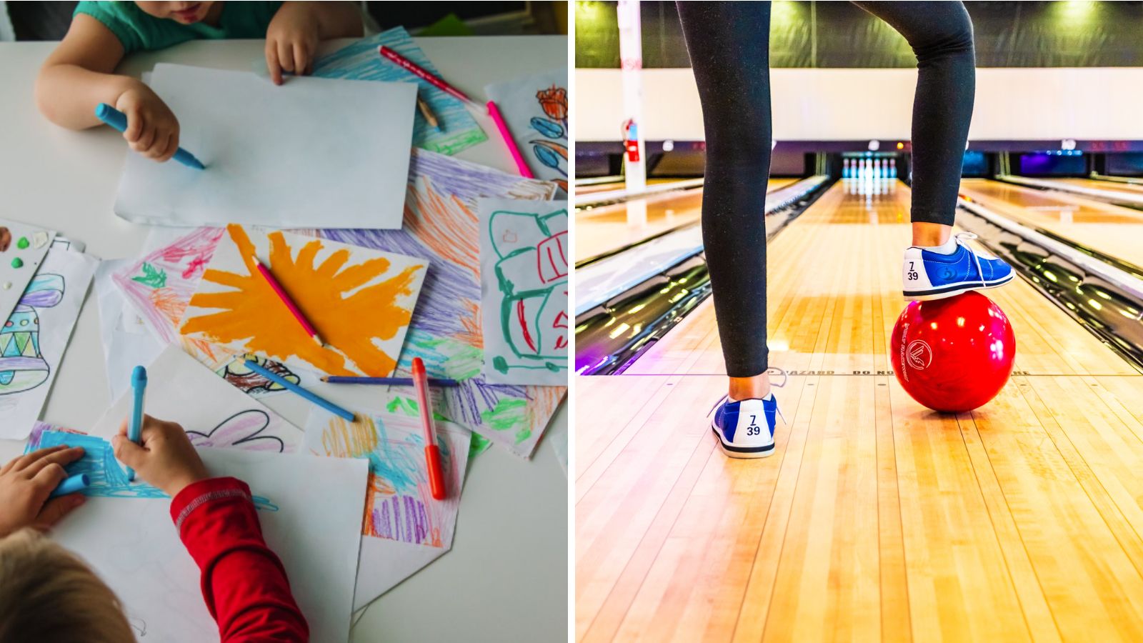 Collage of images showing kid-friendly activities in Durham. The first image is of children colouring on paper on a table. The second is of a child standing in a bowling alley with one foot up on a bowling ball.