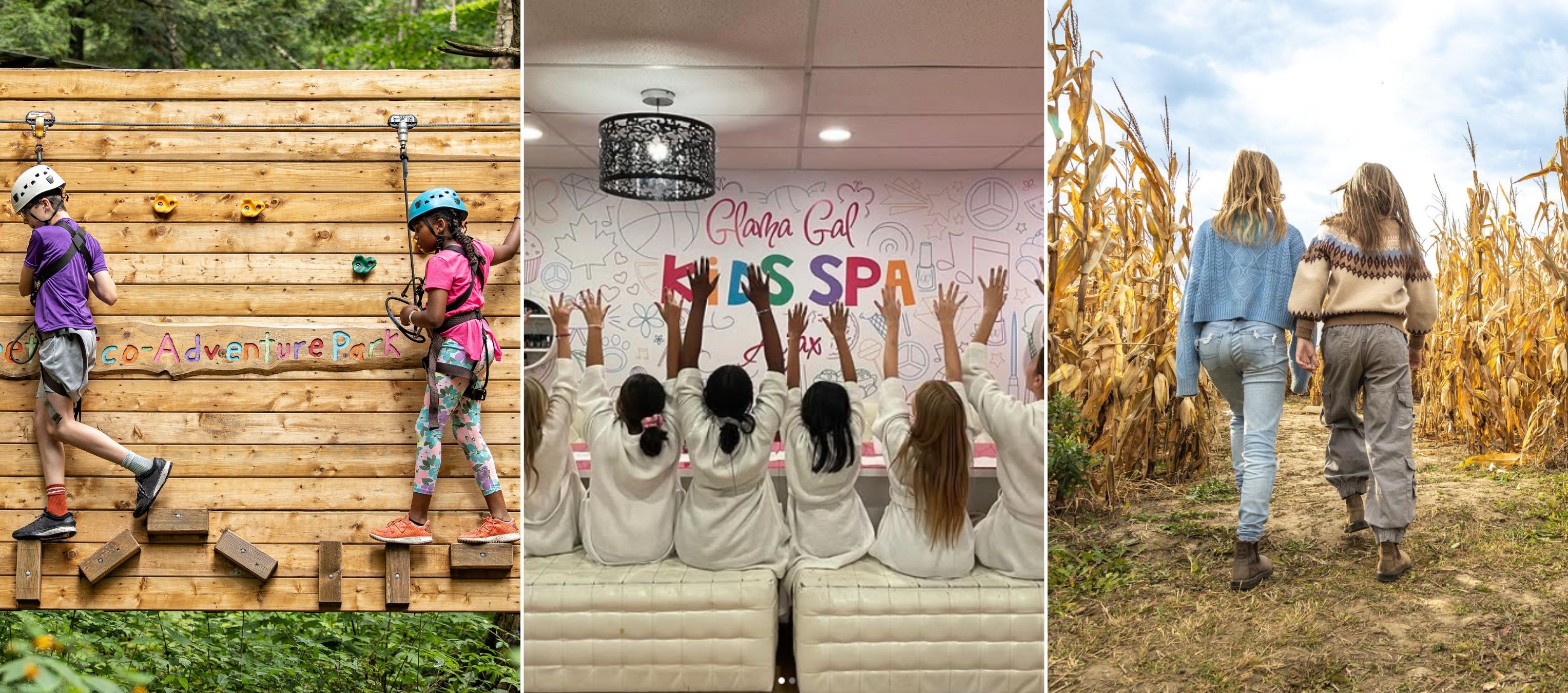 Collage of images including two children navigating a low ropes course, an image of children at a kids spa with their manicured hands up in the air, and an image of two children walking through a corn maze.