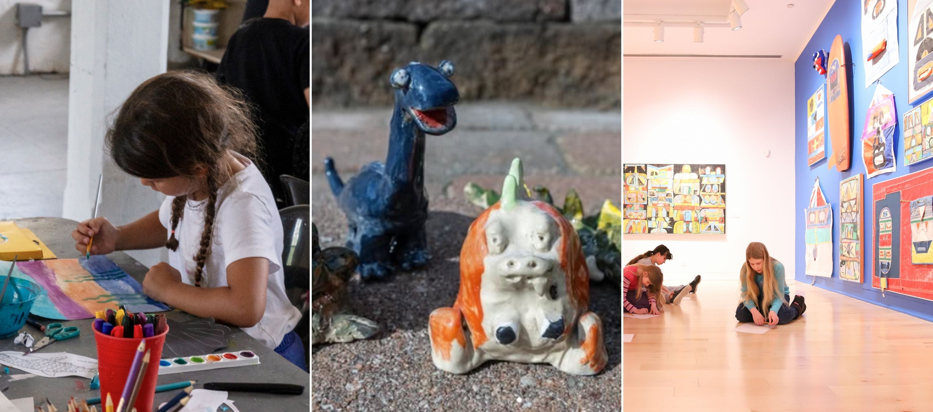 A collage of images with children making art in a gallery and some creature sculptures created by children