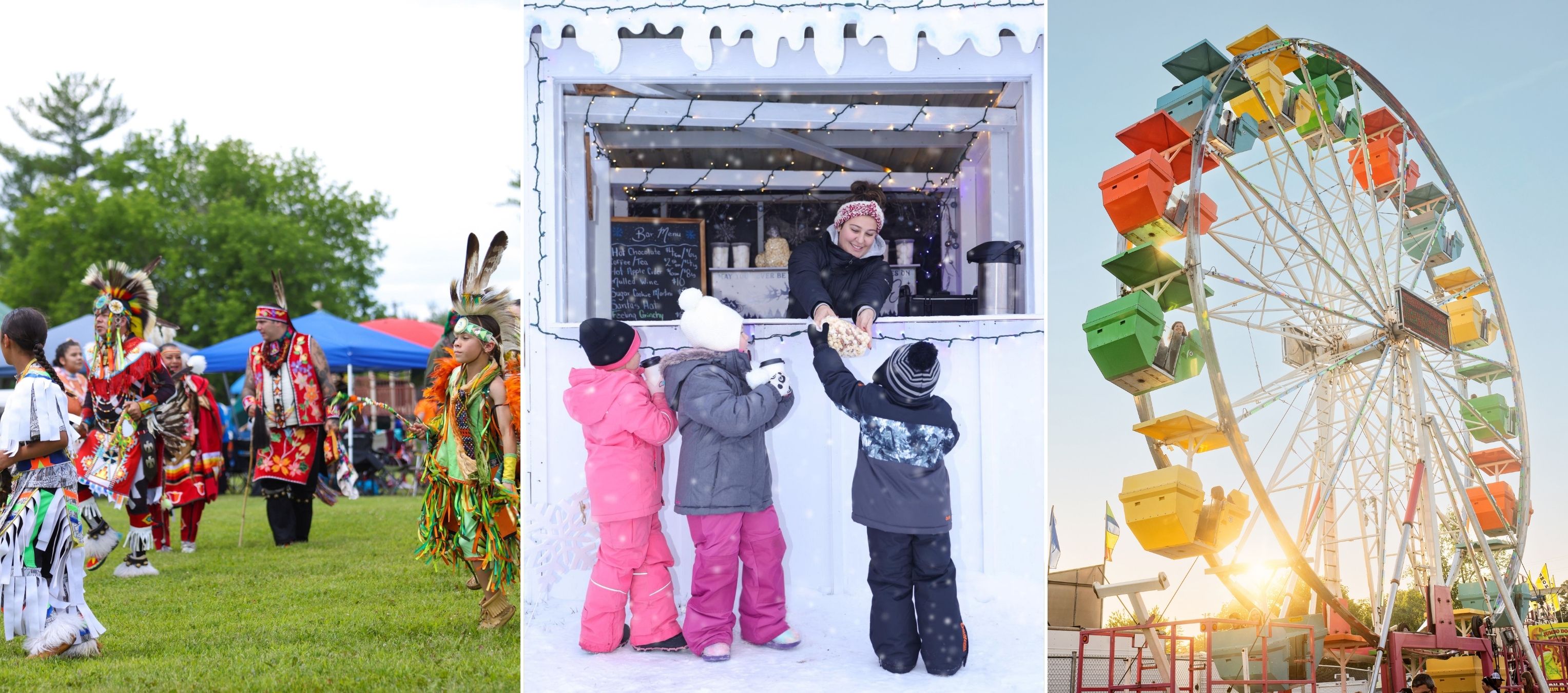 Collage of images including an image from the Mississaugas of Scugog Island Powwow, an image of a children ordering hot chocolate at an outdoor holiday event, and an image of a ferris wheel at a fair.