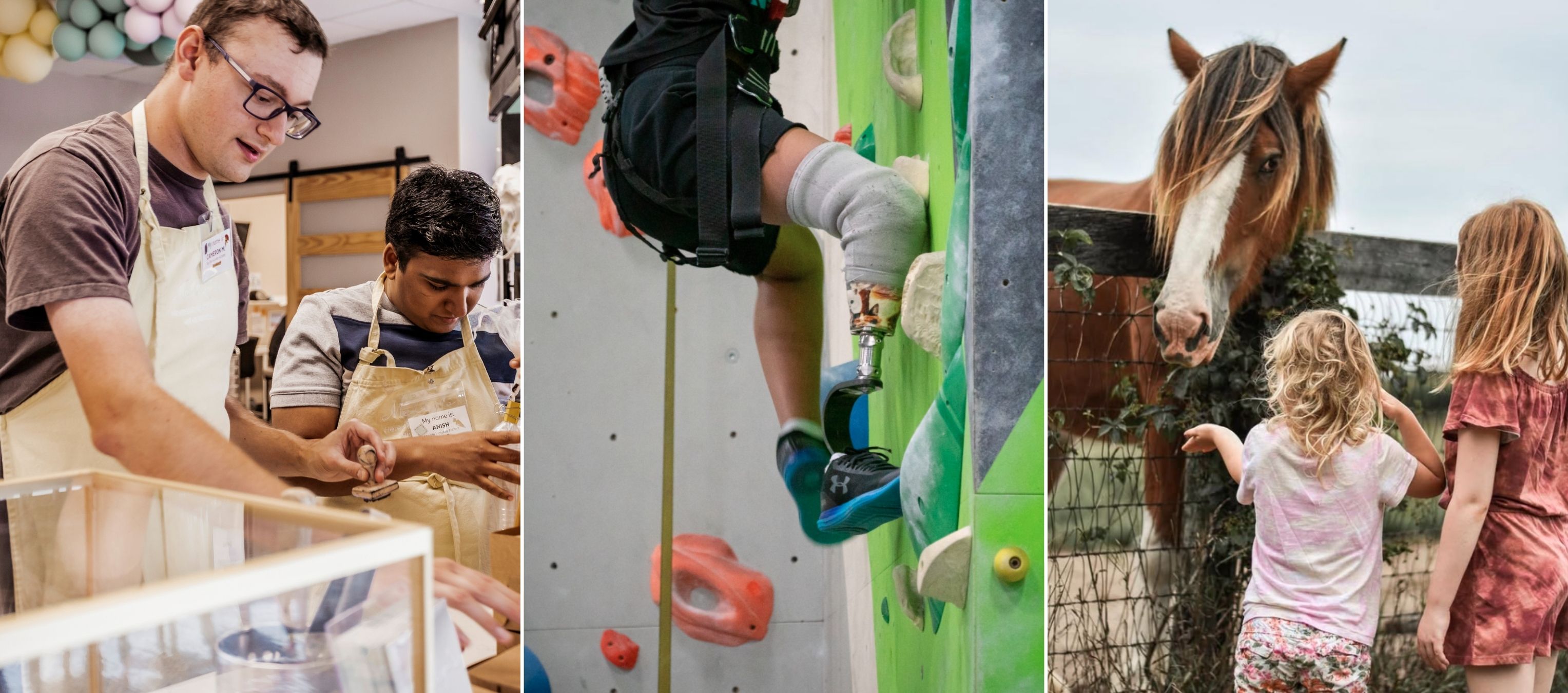 Collage of images including an image of two people working at a cafe, a person climbing an indoor climbing wall, and two children interacting with a horse through a fence.