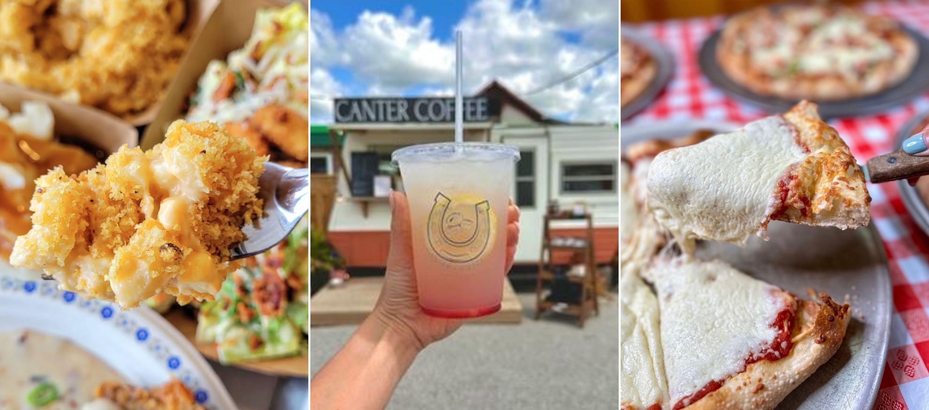 Collage of images including a fork full of macaroni and cheese, a strawberry lemonade with a coffee trailer in the background, and a slice of cheese pizza being lifted up with serving utensil.