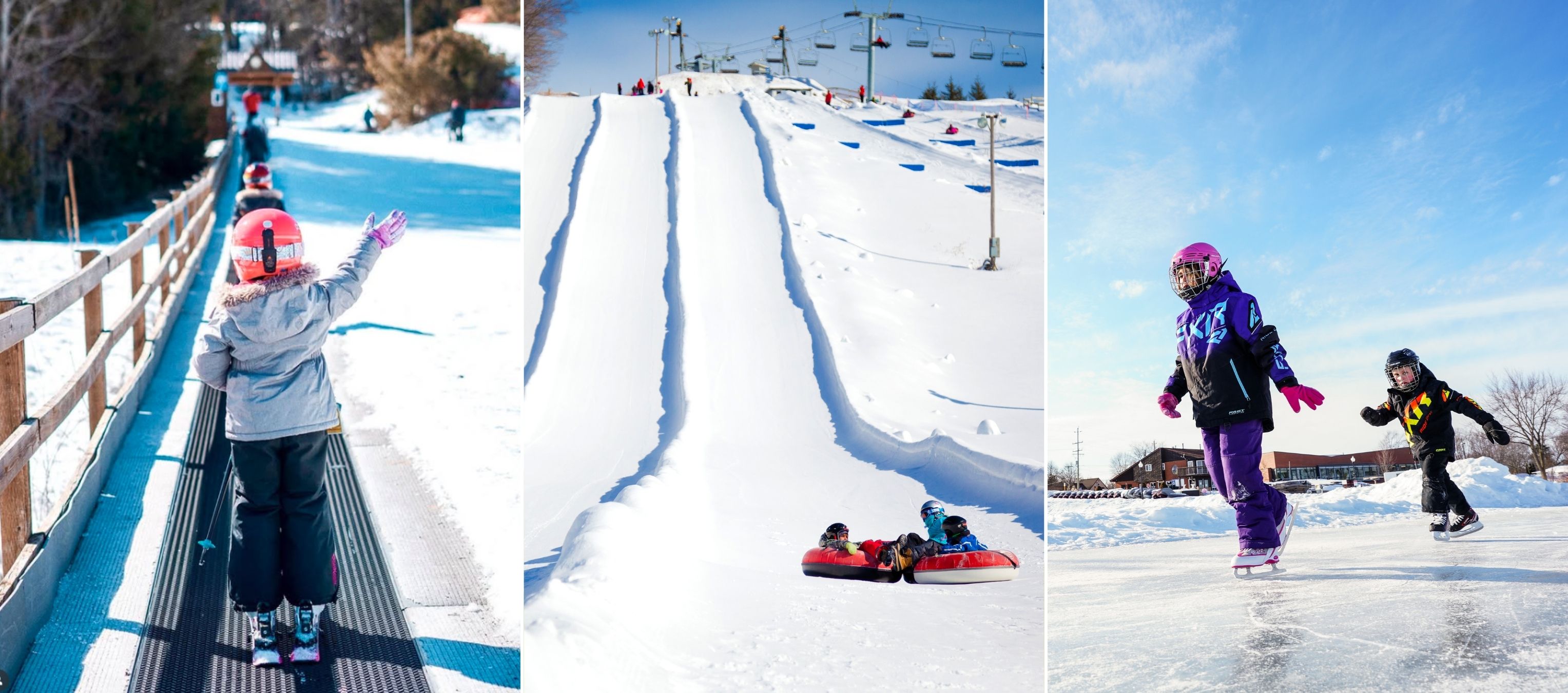 Collage of images including young children riding a magic carpet lift to the top of a beginners ski hill, an image of children riding snow tubes down a snowy hill, and an image of two children ice skating on a frozen lake.